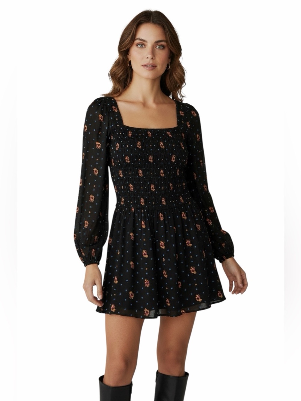 Free People Black Floral Smocked Square-Neck Mini Dress with Rust and Blue Motif